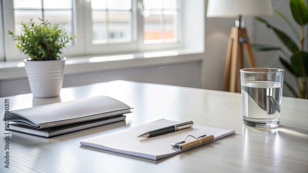 A Minimalist Workspace with a Glass of Water, a Pen, a Notepad, and a Stack of Papers on a White Desk A Minimalist Workspace with a Glass of Water, a Pen, a Notepad, and a Stack of Papers on a White Desk