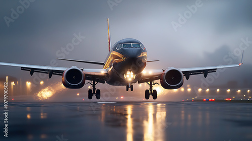 Airliner approaches runway in dramatic wide shot amidst stormy skies