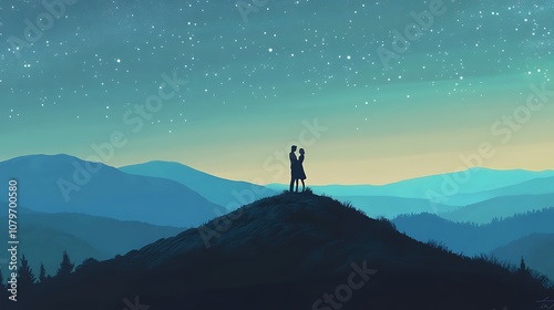 couple stands on a hilltop, wrapped in each other's arms, with a vast landscape stretching behind them under a starlit sky