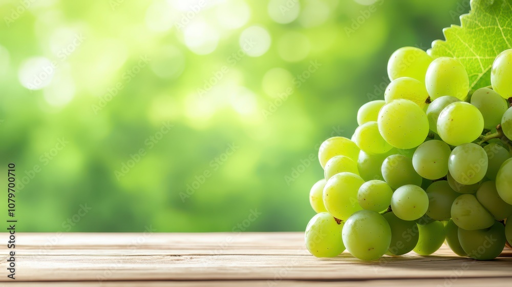 Luscious white grapes on rustic wooden table, still life of freshness and flavor Luscious white grapes on rustic wooden table, still life of freshness and flavor