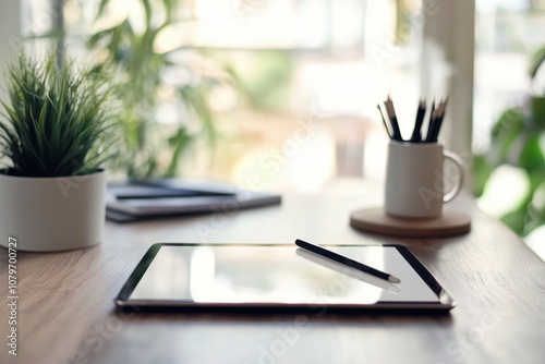 A clean, modern tablet with a stylus, showing a digital illustration in progress, resting on a designer's desk