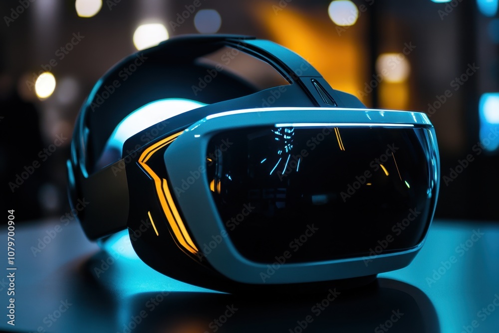 A futuristic VR headset with glowing accents, placed on a sleek black surface, ready for a virtual reality adventure A futuristic VR headset with glowing accents, placed on a sleek black surface, ready for a virtual reality adventure