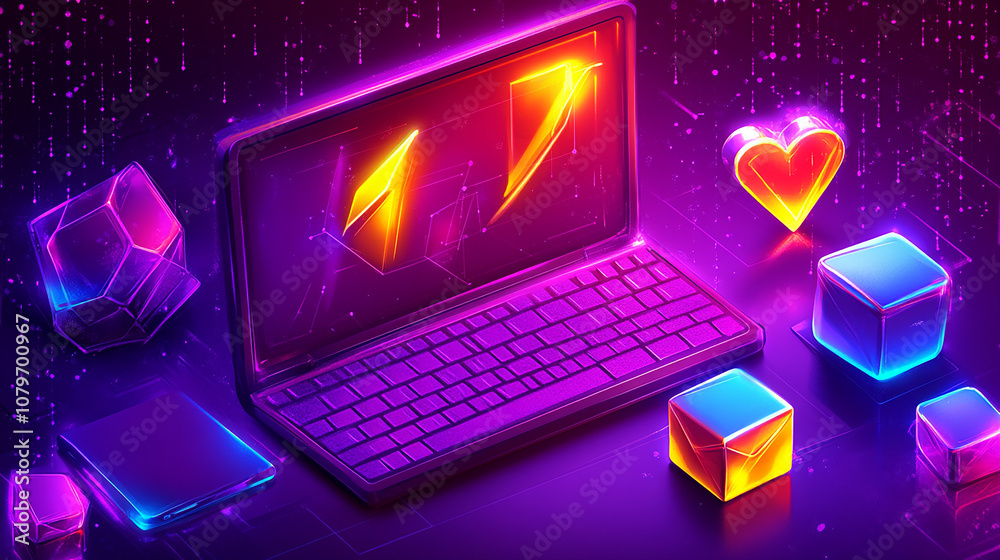 A laptop with a glowing screen, surrounded by glowing cubes and a heart, all on a dark purple background. A laptop with a glowing screen, surrounded by glowing cubes and a heart, all on a dark purple background.