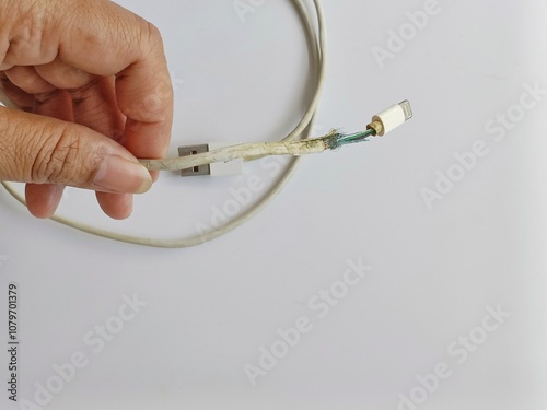 Old charger cable broken, close-up of broken white insulation. Faulty charging cord, device deteriorating connection. Hazard, fire safety, short circuit.