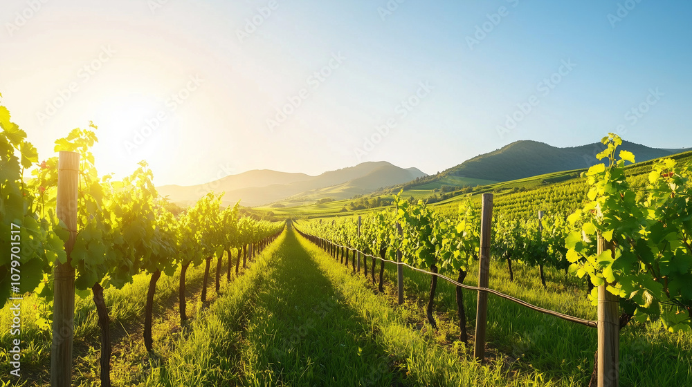 Naklejka premium Lush Vineyard Rows in Sunlit Valley Landscape 