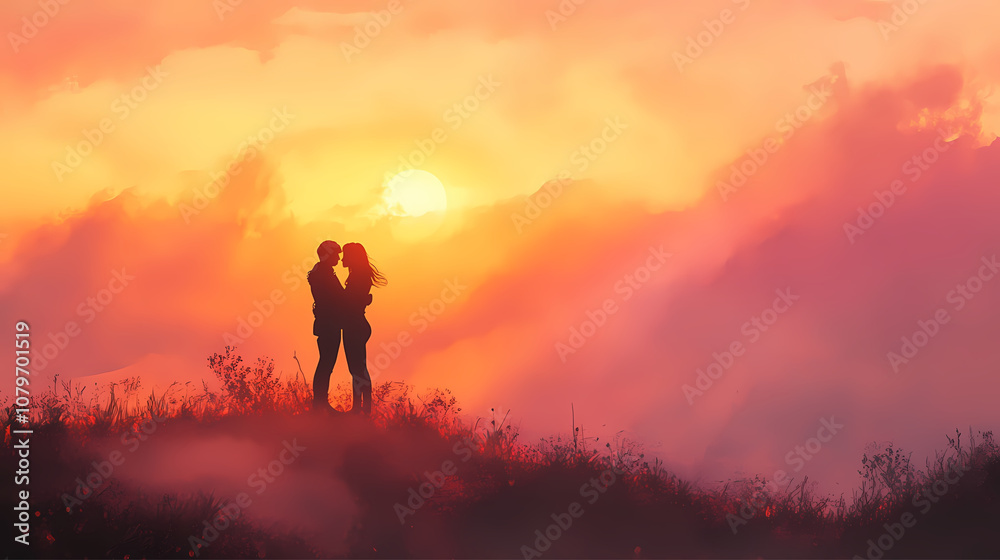 Fototapeta premium couple holding each other tightly on a misty hillside as dawn breaks, soft pinks and oranges coloring the sky