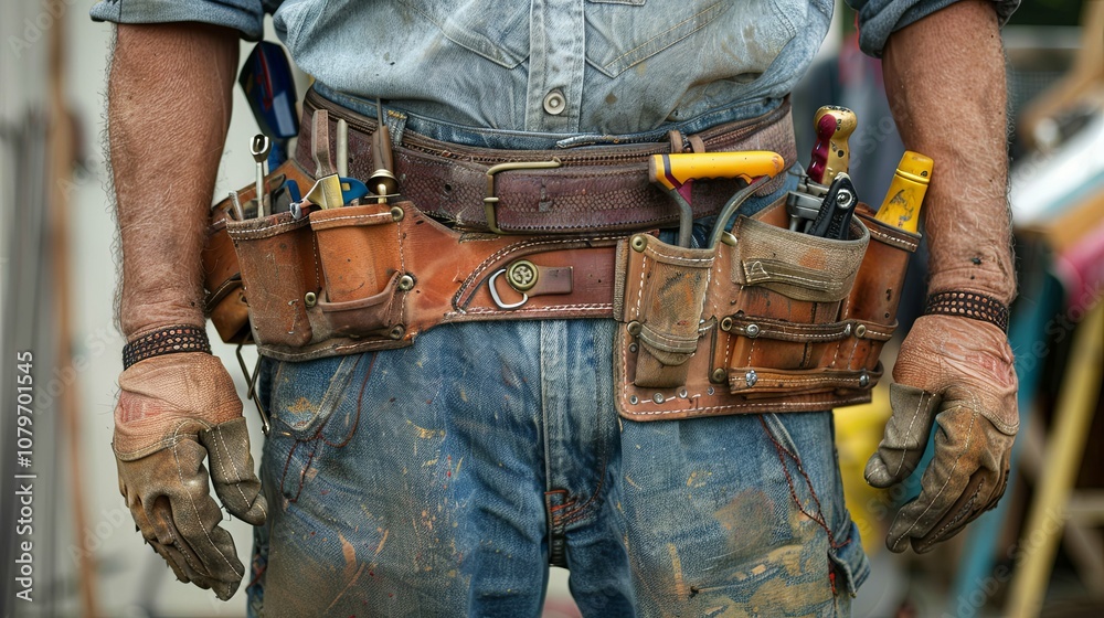 Close-up of a Construction Worker's Tool Belt and Hands Close-up of a Construction Worker's Tool Belt and Hands