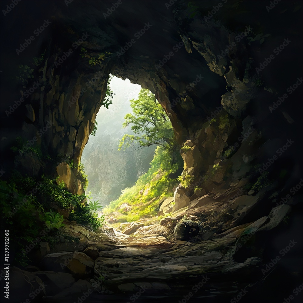 Sunlight Streaming Through a Cave Entrance in a Mountainous Landscape Sunlight Streaming Through a Cave Entrance in a Mountainous Landscape