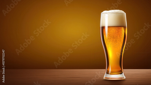 tall glass of foamy beer sits on wooden surface, illuminated by warm lighting, creating cozy atmosphere
