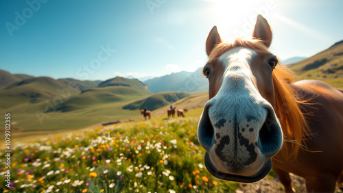 Close up horse face graze on mountains flowers fields sunlight background, funny horse face look at camera among blooming meadow, broodmare wild horse in hills, wide angle photo