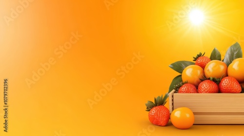 Fototapeta Naklejka Na Ścianę i Meble -  Abundant fresh fruits overflowing rustic wooden box on cheerful orange background
