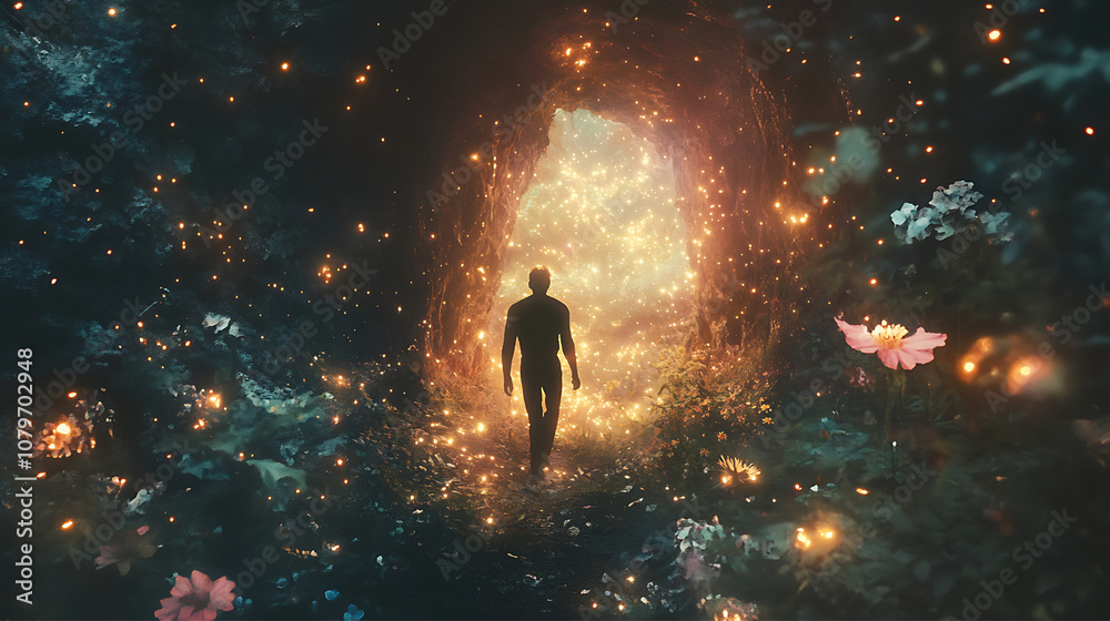 A man walking out of a cave and into a magical, enchanted forest where fireflies glow, strange flowers bloom, and the air is filled with an ethereal mist, evoking wonder and enchantment A man walking out of a cave and into a magical, enchanted forest where fireflies glow, strange flowers bloom, and the air is filled with an ethereal mist, evoking wonder and enchantment