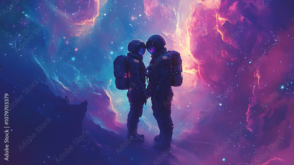couple of astronauts in futuristic suits, gazing at each other lovingly as they float in the vastness of space, with a cosmic backdrop of swirling stars and nebulae couple of astronauts in futuristic suits, gazing at each other lovingly as they float in the vastness of space, with a cosmic backdrop of swirling stars and nebulae