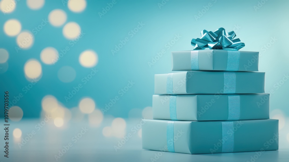 Stack of white gift boxes with a blue bow, perfect for birthdays, weddings and special occasions Stack of white gift boxes with a blue bow, perfect for birthdays, weddings and special occasions