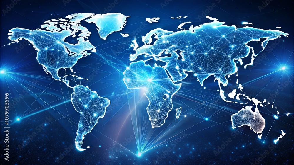 Fototapeta premium Global Network Connections Visualized on a Digital Map with Bright Light Rays Emanating from the Center