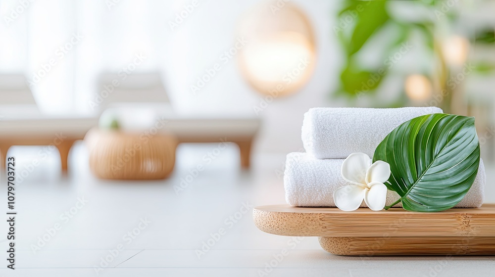 A serene spa setting featuring neatly arranged white towels, a green leaf, and a delicate flower on a wooden tray, creating a calming atmosphere. A serene spa setting featuring neatly arranged white towels, a green leaf, and a delicate flower on a wooden tray, creating a calming atmosphere.