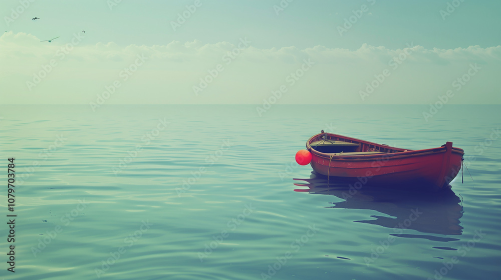 A Rescue Boat Floating on Calm Waters, With a Life Buoy Attached to Its Side, Ready for Action, Surrounded by a Serene Blue Sea and a Distant Horizon, While Seagulls Fly Overhead in a Tranquil Maritim A Rescue Boat Floating on Calm Waters, With a Life Buoy Attached to Its Side, Ready for Action, Surrounded by a Serene Blue Sea and a Distant Horizon, While Seagulls Fly Overhead in a Tranquil Maritim