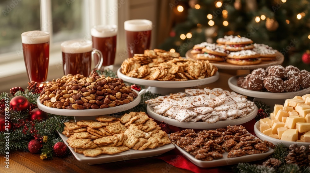A traditional Christmas snack table filled with an assortment of treats such as spiced nuts, cheese platters, and a variety of Christmas cookies. A traditional Christmas snack table filled with an assortment of treats such as spiced nuts, cheese platters, and a variety of Christmas cookies.