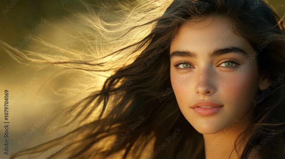 Young woman with flowing hair in natural sunlight, showcasing soft features, radiant skin, and captivating green eyes, surrounded by a golden outdoor background Young woman with flowing hair in natural sunlight, showcasing soft features, radiant skin, and captivating green eyes, surrounded by a golden outdoor background