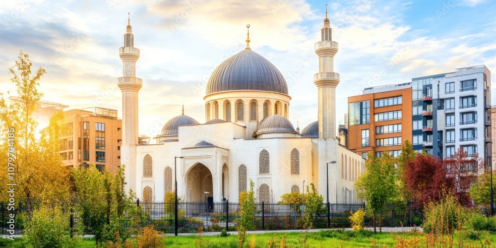 Obraz premium A modern mosque surrounded by greenery and urban buildings under a bright sky.