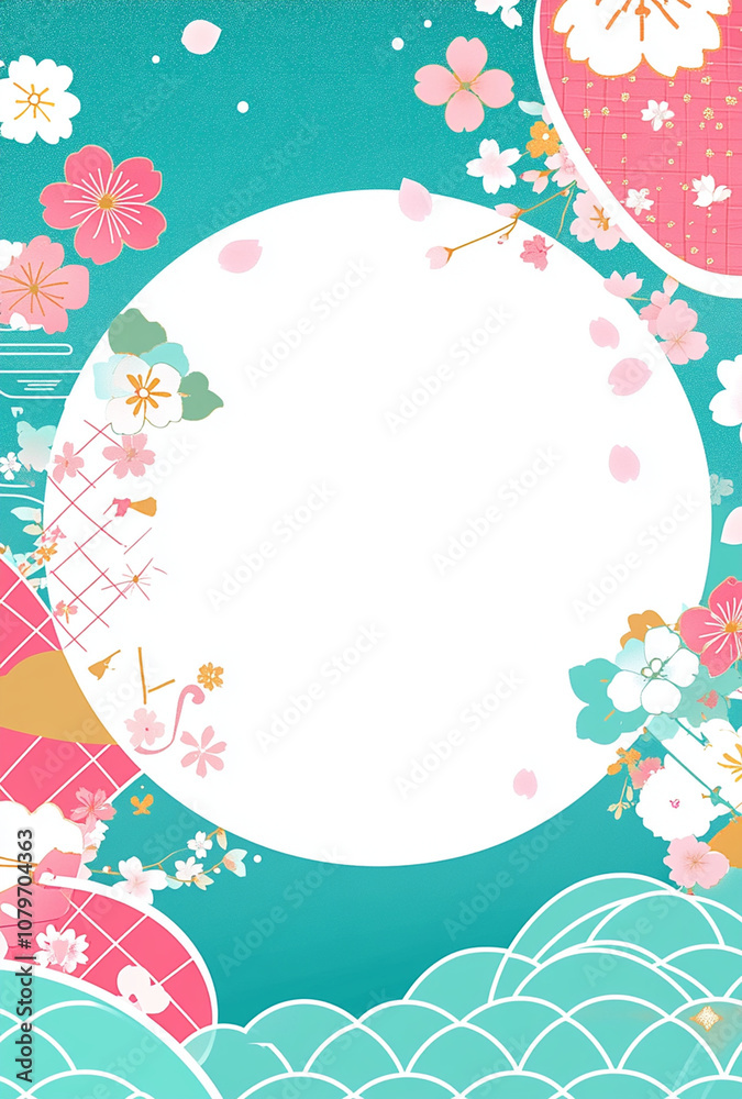 Japanese style background featuring floral elements and circular space for text