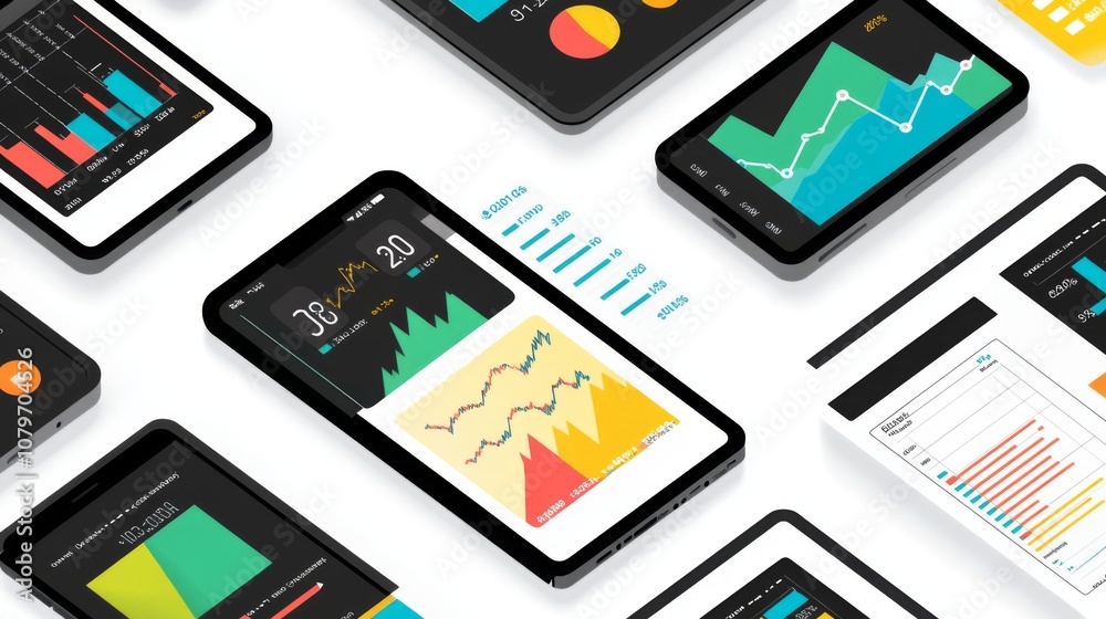 Modern Digital Devices Displaying Colorful Data Visualizations and Graphs on a Clean Surface, Representing Statistics and Business Analytics Trends Modern Digital Devices Displaying Colorful Data Visualizations and Graphs on a Clean Surface, Representing Statistics and Business Analytics Trends
