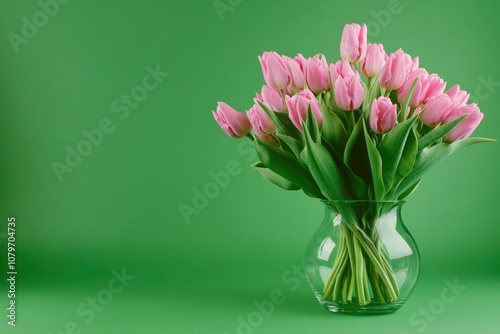 Big flowers bouquet of pink tulips in vintage glass vase on green background. Copy space. with generative ai