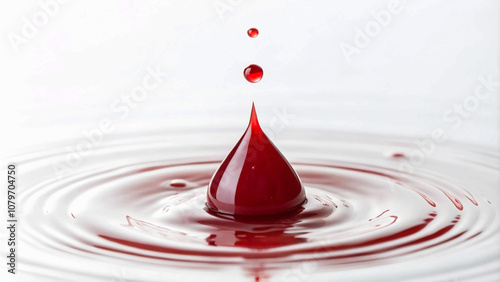 A Single Perfectly Formed Blood Drop on White Background with Vibrant Color and Sharp Detail