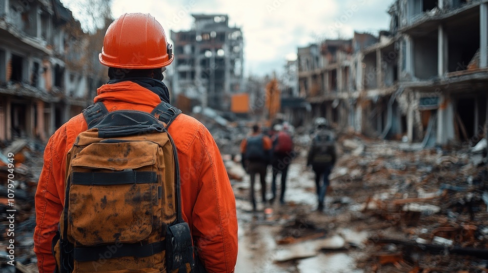 A group exploring a devastated urban landscape post-disaster.