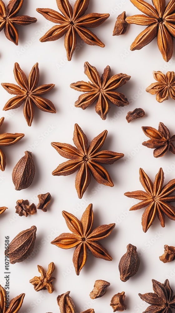 Close-up of anise seeds, brown tones, arranged on a white background, top view Close-up of anise seeds, brown tones, arranged on a white background, top view