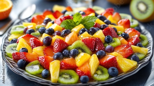 Sliced strawberries, pineapple, kiwi, and blueberries topped with fresh mint leaves, arranged beautifully on a plate for a vibrant and refreshing fruit medley.