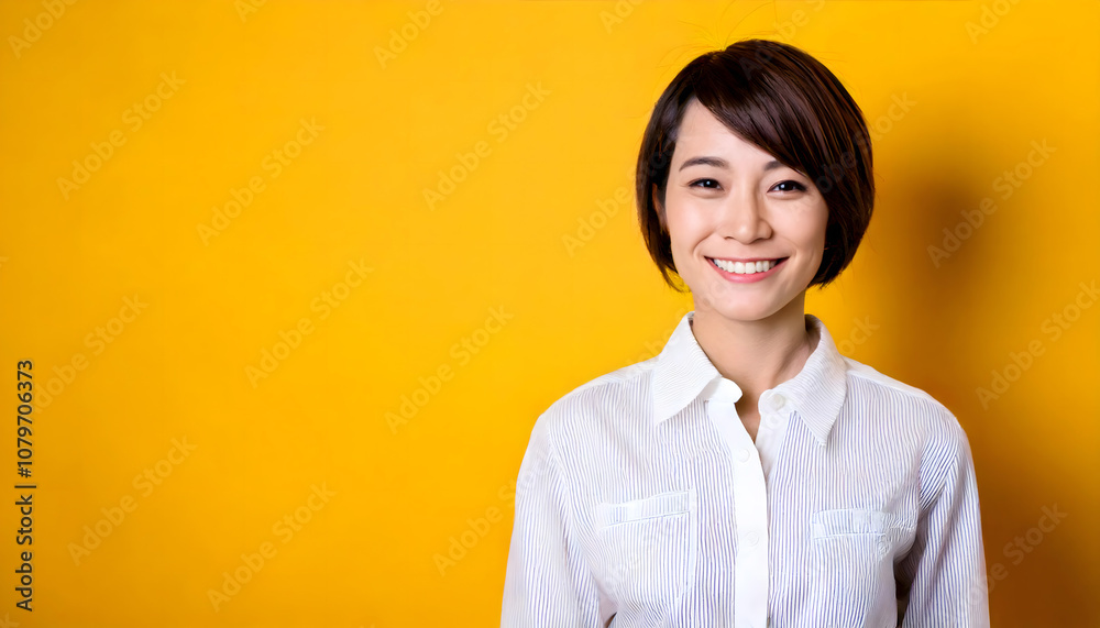 黄色い背景の上の笑顔の30代の日本人女性
