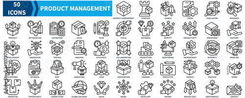 Product Management icon collection set. Containing strategy, launch, trend, evaluation, research, product, optimization, estimation, sales, production icon. Simple black outline vector.