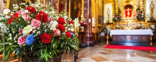 A vibrant floral arrangement in a church setting, highlighting the altar and religious ambiance.