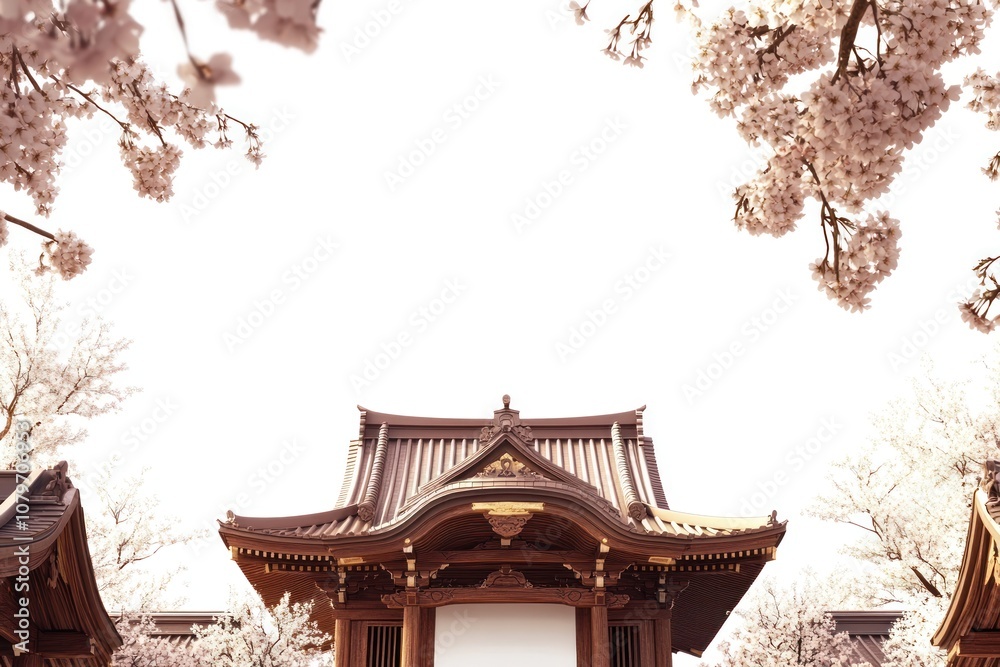 A serene view of traditional architecture framed by cherry blossoms in full bloom. A serene view of traditional architecture framed by cherry blossoms in full bloom.