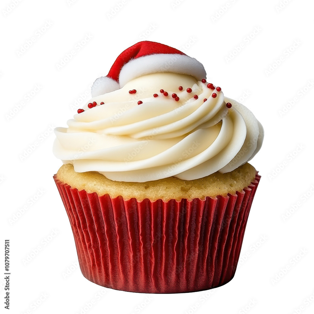 Festive cupcake with cream and red decorations. transparent background Festive cupcake with cream and red decorations. transparent background