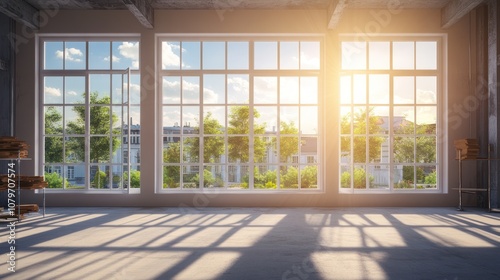 Spacious Room with Large Windows and Sunlight