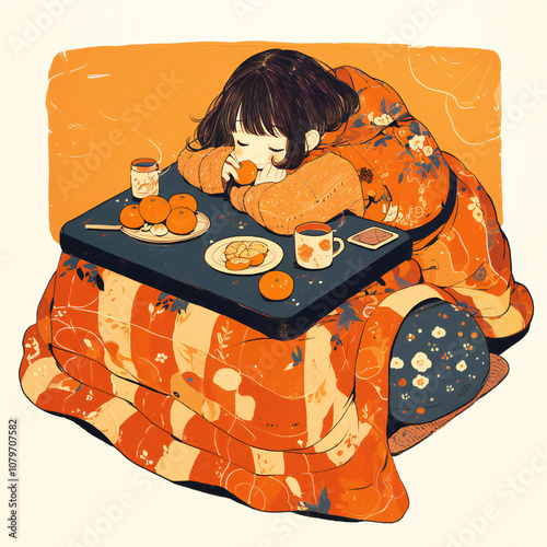 こたつで寛ぎながらみかんを食べる女の子