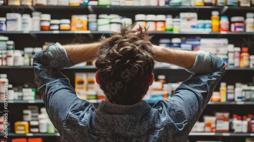 Man in Denim Jacket Staring at Shelves