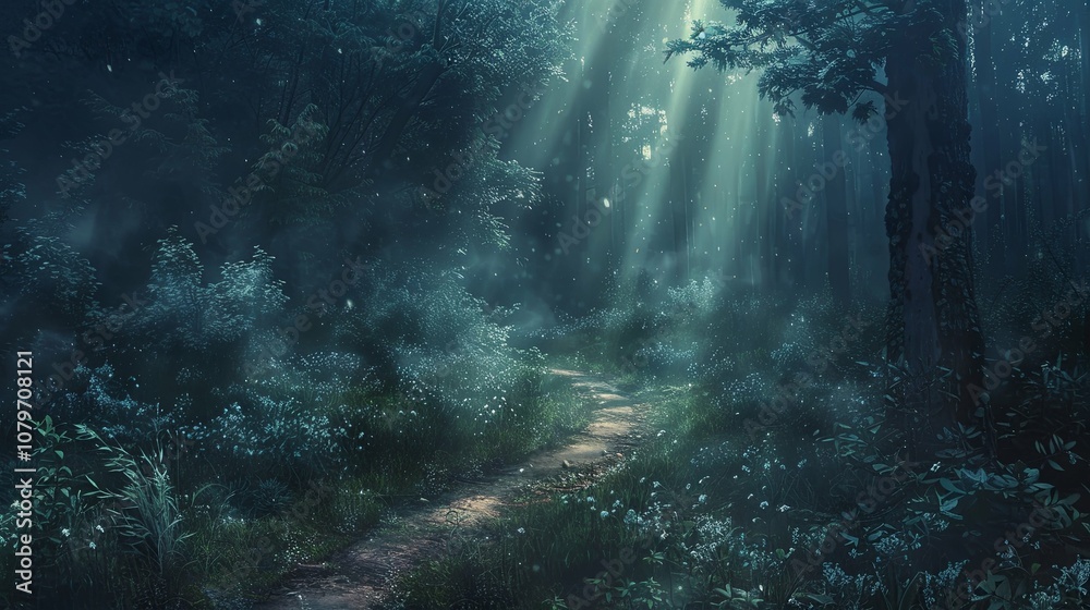 Mystical Forest Path Illuminated by Sunlight Streaming Through the Trees Mystical Forest Path Illuminated by Sunlight Streaming Through the Trees