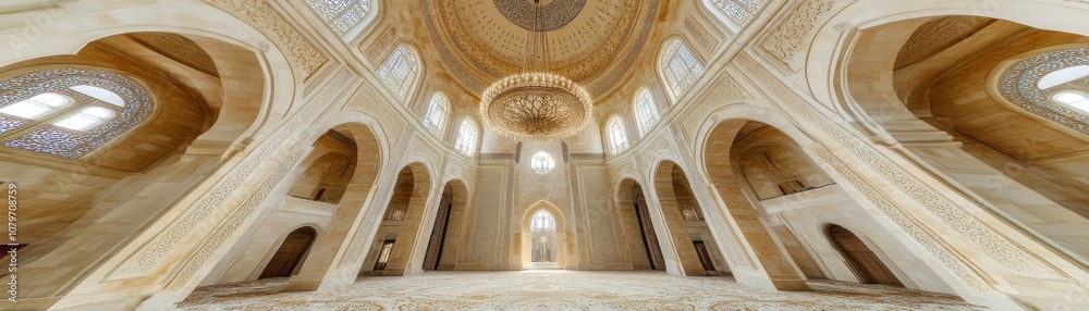 A grand interior of a mosque featuring intricate designs and a large chandelier. A grand interior of a mosque featuring intricate designs and a large chandelier.