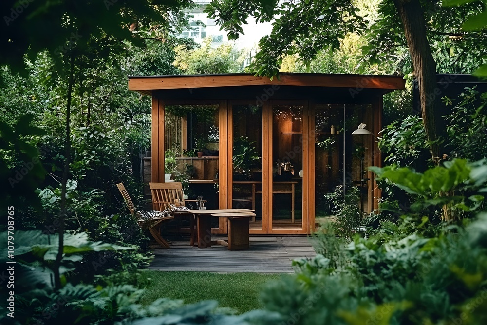 Charming Backyard with Wooden Shed and Furniture Charming Backyard with Wooden Shed and Furniture