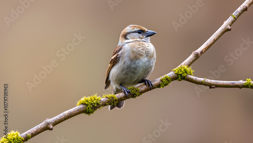 hawfinch (Coccothraustes coccothraustes) sitting on a beautiful stick with moss photo