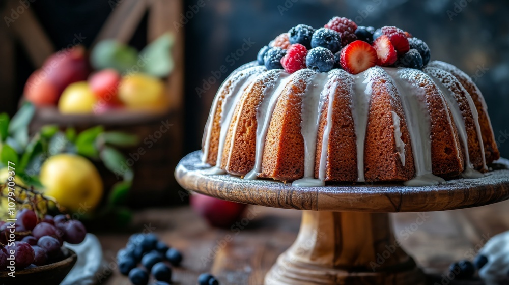 Beautifully Decorated Bundt Cake with Fresh Berries and Icing on a Wooden Stand Surrounded by Fruits and Greenery in a Cozy Kitchen Setting