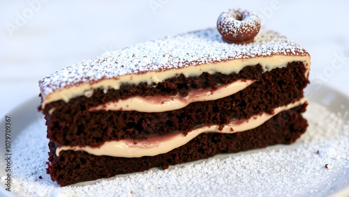 Moist cocoa cake with luscious cream layers, artfully topped with a sprinkle of sugar powder creating a visual treat that tantalizes tastebuds and imagination. photo