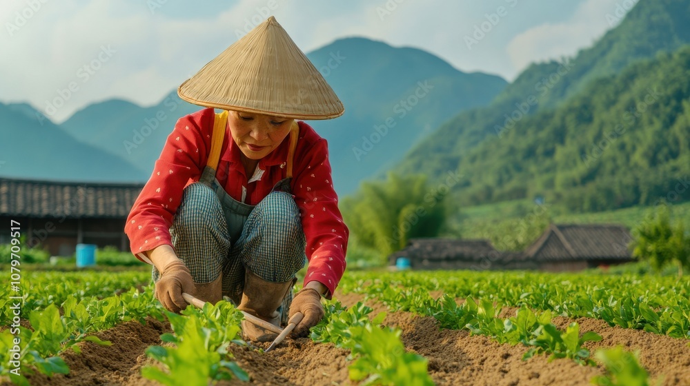 A female farmer in traditional attire tends to crops in a lush green field with mountains in the background, highlighting rural agricultural life. A female farmer in traditional attire tends to crops in a lush green field with mountains in the background, highlighting rural agricultural life.