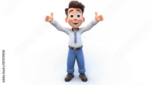 Cheerful 3d cartoon character with open arms expressing joy, excitement, and positivity, wearing a blue shirt and tie, standing on a white background for creative use