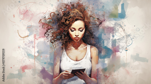 Young woman with curly hair absorbed in her smartphone, surrounded by colorful abstract art, representing technology and creativity in modern life.