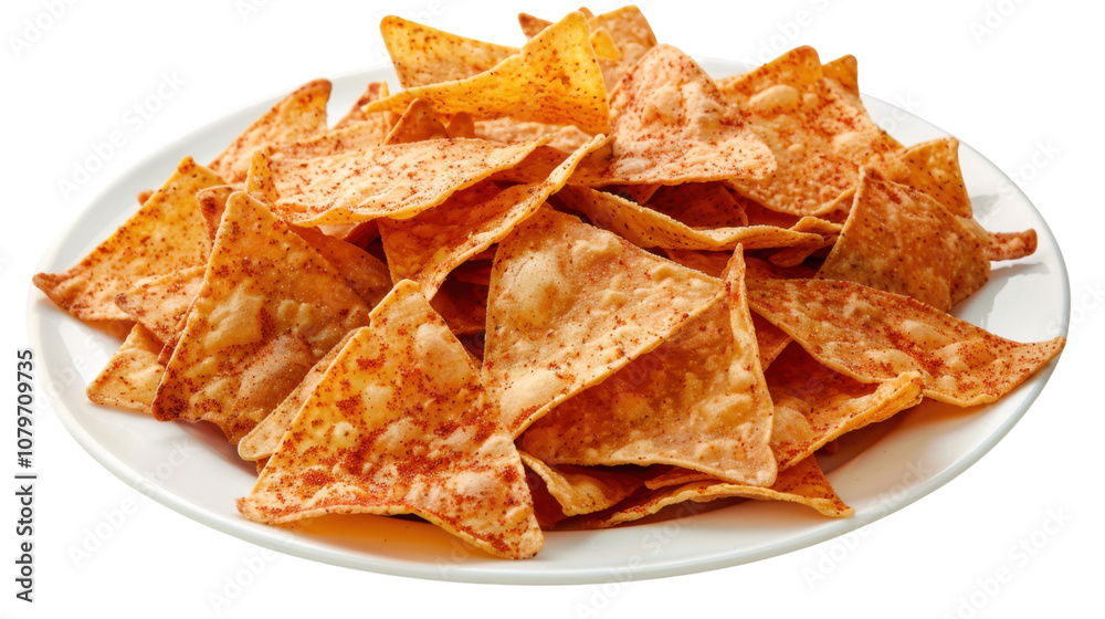 Plate of spicy nachos on white transparent background
Plate of spicy nachos on white transparent background