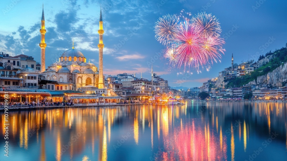 Obraz premium Celebratory fireworks display welcoming new year 2025 overlooking historic istanbul riverfront at dusk